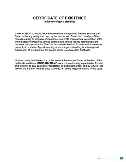 Download USA Nevada certificate of existence Word and PDF template Photoshop template